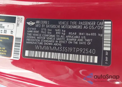2009 Mini Cooper S Clubman z USA, uszkodzony, nr VIN WMWMM33519TP92540